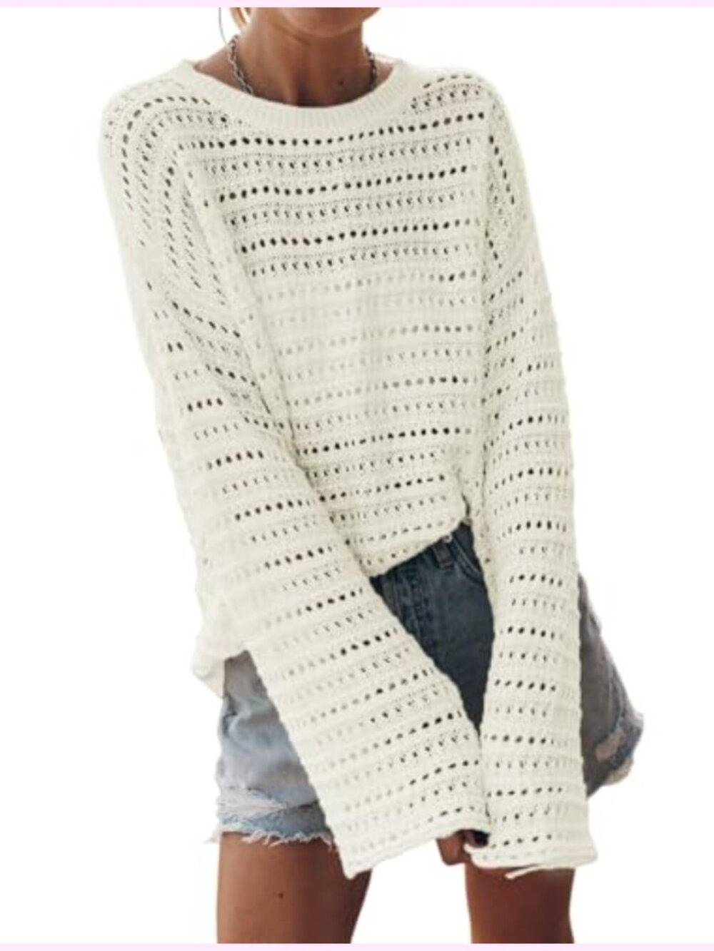 Lightweight Crochet Long Sleeve Hollow Out Knit Pullover Summer Sweater